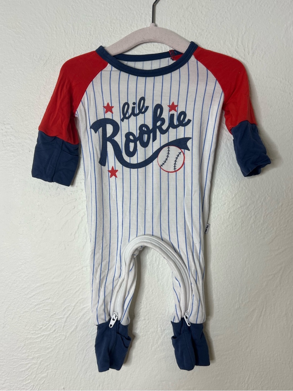 Little Sleepies White Pinstripe "Lil Rookie" Baseball One-Piece with Red & Navy